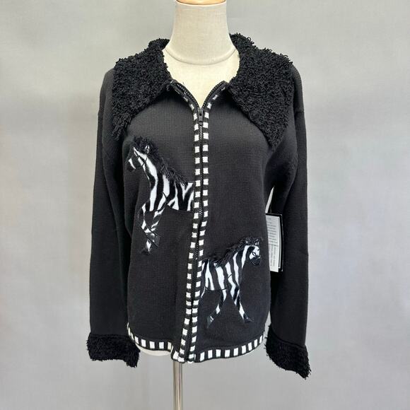 Vintage 90s Terazzo Zebra print zip up sweater artsy Size Large NWT Deadstock - Picture 1 of 15